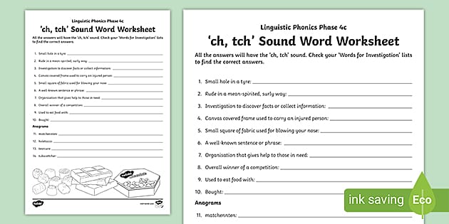 Linguistic Phonics Phase 4c 'ch, tch' Sound Word Worksheet