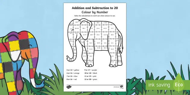 addition and subtraction from 20 color by numbers sheet to support teaching on