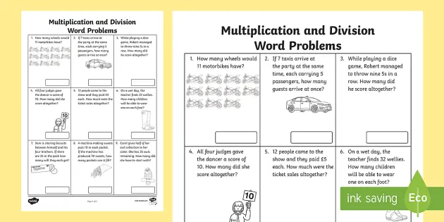 multiplication and division word problems x2 x5 x10
