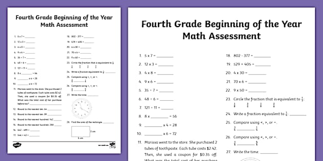 Fourth Grade Beginning of the Year Math Assessment - Twinkl