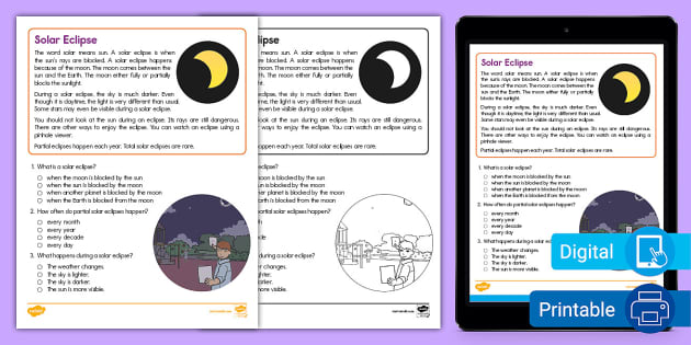 Second Grade Solar Eclipse Reading Passage Comprehension