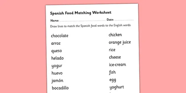 Spanish Food Vocabulary Matching Worksheet