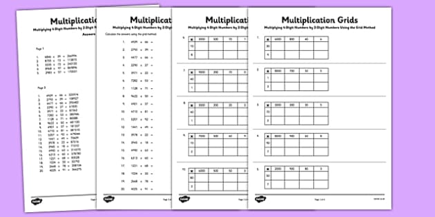 multiplying 4 digit numbers by 2 digit numbers using grid method worksheet