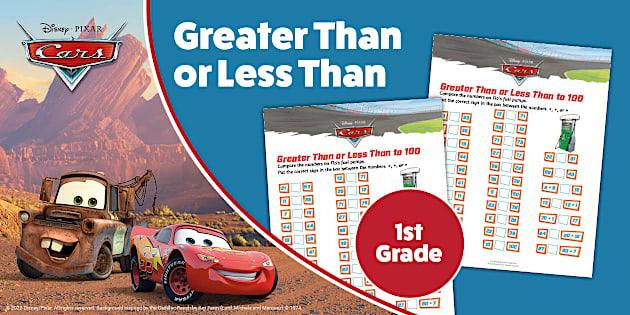 Cars: First Grade Greater Than or Less Than to 100 Math Worksheets