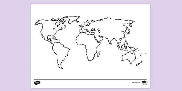 black and white world map with country names for kids