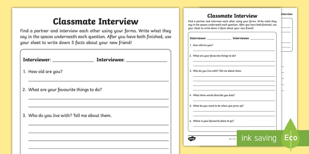 New Classmate Interview Worksheet / Worksheet - Twinkl