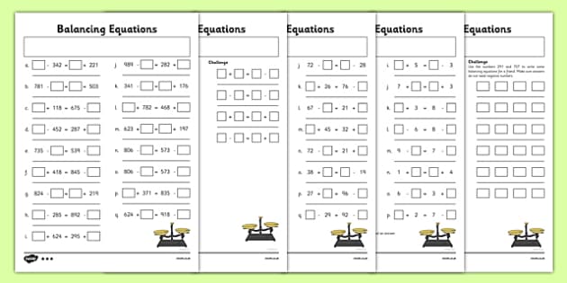 Balancing Equations Worksheet / Activity Sheet Pack