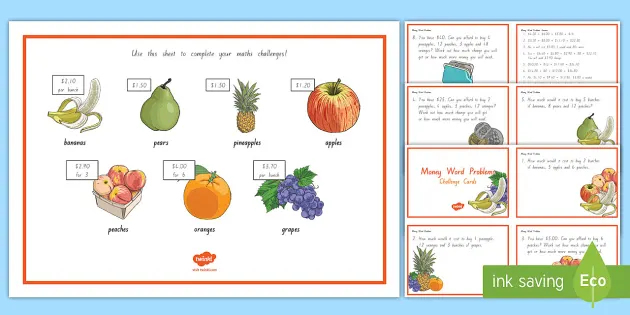 money word problems challenge card worksheets for kids