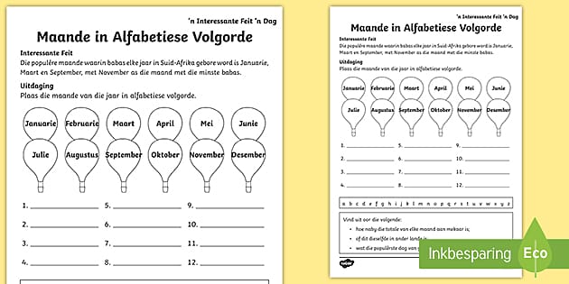 Maande Alfabetiese Volgorde Aktiwiteit (teacher Made)