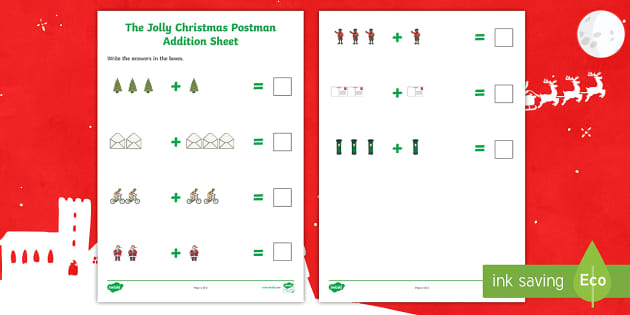 Up to 5 Addition Sheets to Support Teaching on The Jolly Christmas Postman