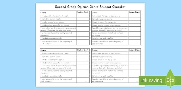 Second Grade Opinion Writing Genre Student Checklist