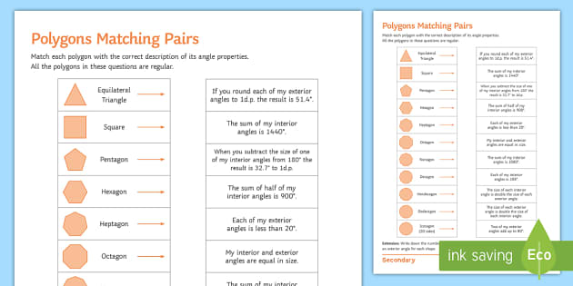 Regular Polygons Matching Pairs Worksheet Worksheet