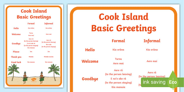 Cook Islands Basic Greetings A4 Display Poster Te Reo Māori/English