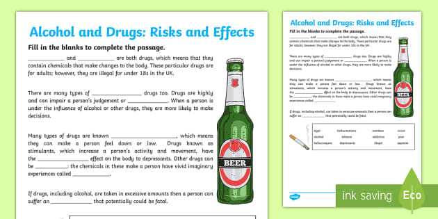 Alcohol and Drug Worksheet CfE Second Level Twinkl