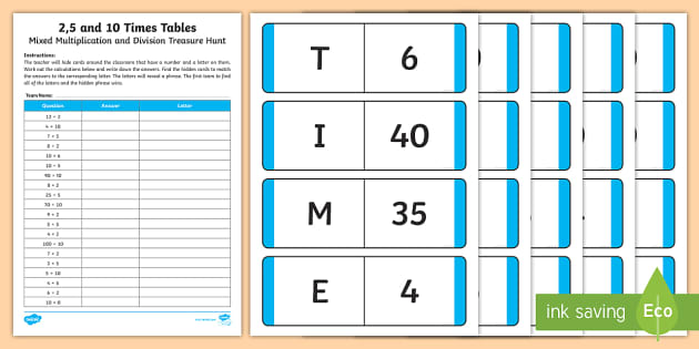 2 5 and 10 times tables mixed multiplication and division treasure hunt