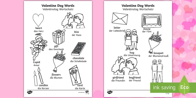 valentine's day words colouring pages english/german