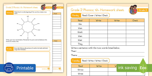 Grade 2 Phonics: th- Homework Sheet (teacher made) - Twinkl