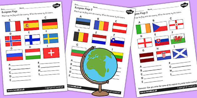 European Flag Worksheets - europe, geography, flags, countries