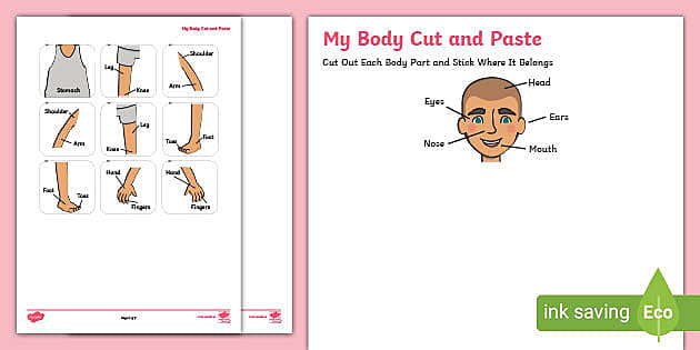 التزام علم الصوتيات بشكل طبيعي  Body parts cut and paste worksheet- easy to print.