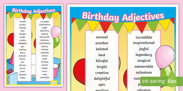 Birthday Adjectives Word Mat (teacher made) - Twinkl