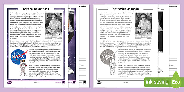 Fifth Grade Katherine Johnson Reading Comprehension Activity
