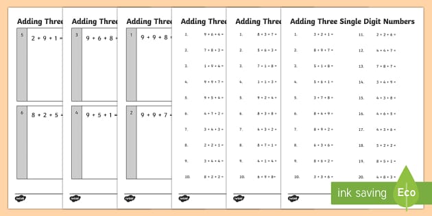 adding 3 single digit numbers practice worksheet activity sheets