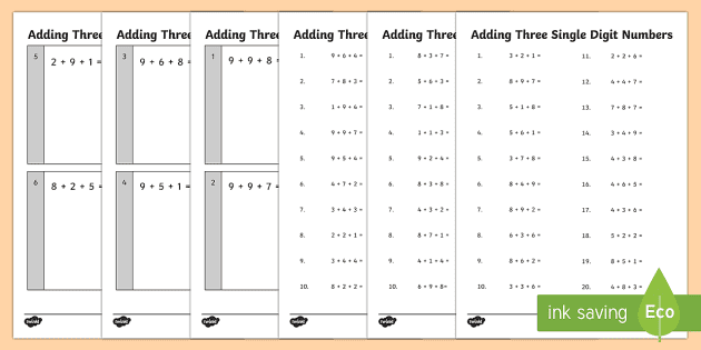 adding 3 single digit numbers practice worksheet worksheets