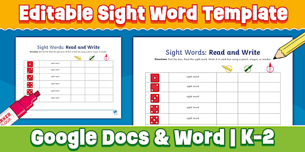 Editable Blank Sight Word Template Google Docs & Word for K-2nd Grade