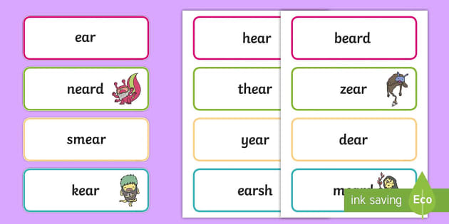 Phase 3 'ear' Flashcards: Real and Nonsense Word Cards