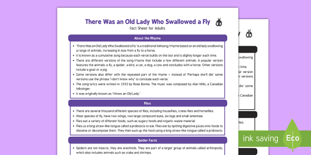There Was An Old Lady Who Swallowed A Fly Fact Sheet For Adults
