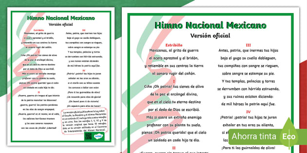 Himno Nacional Mexicano 4 Estrofas Letra Imprimible