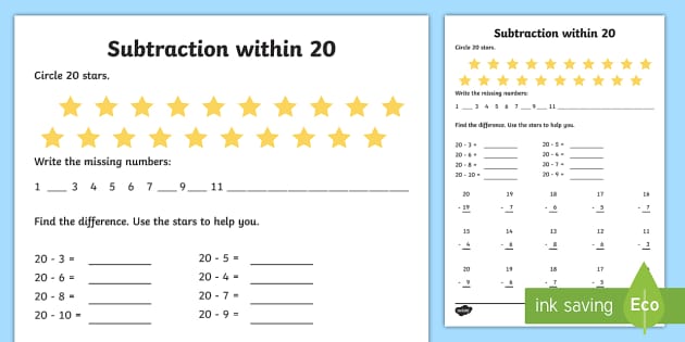 Subtraction within 20 Worksheet