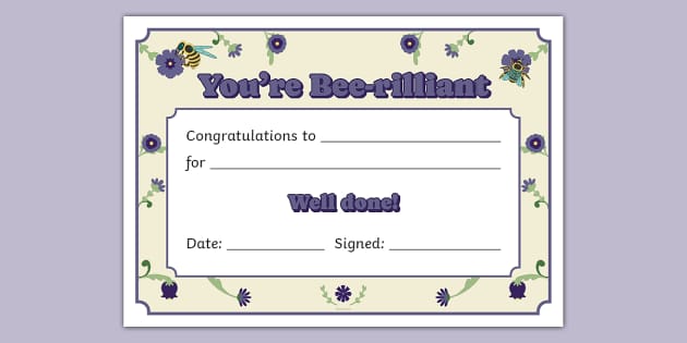 Bee-Themed You're Brilliant Certificate (teacher made)