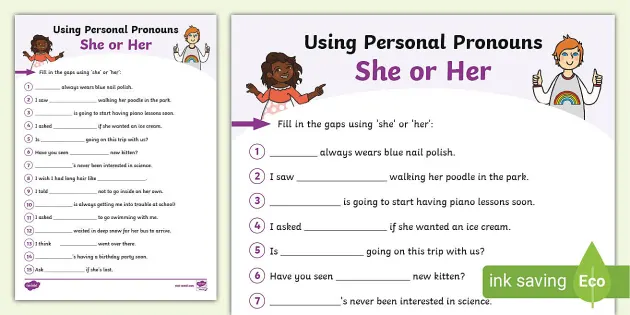Using Personal Pronouns She Or Her Worksheet Teacher Made