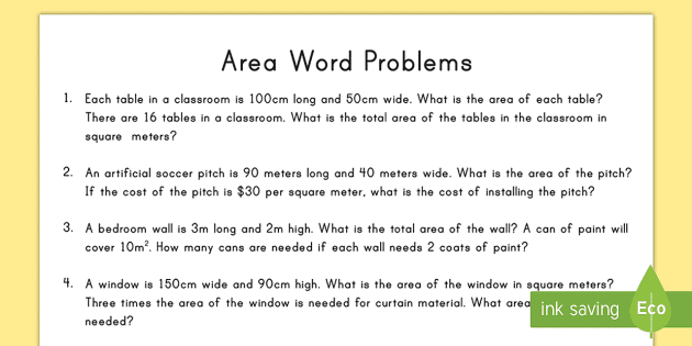 word problems using area worksheet worksheet