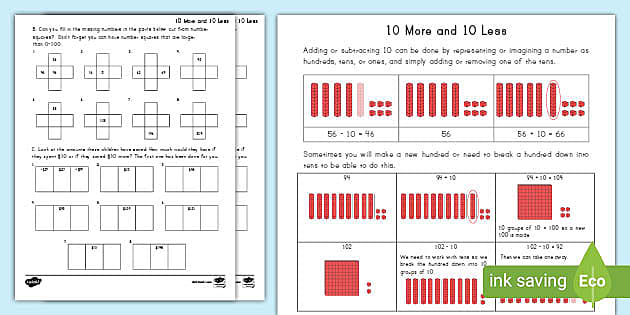10 More And 10 Less Activity Twinkl Math Resources Usa
