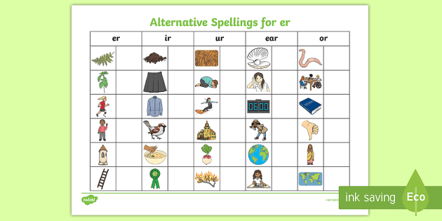 Alternative Spellings Er Ur Ir Ear Or Table Worksheet