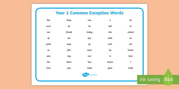 List Of Common Exception Words Year 1