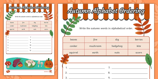 Autumn Alphabet Ordering Worksheet (teacher made) Twinkl