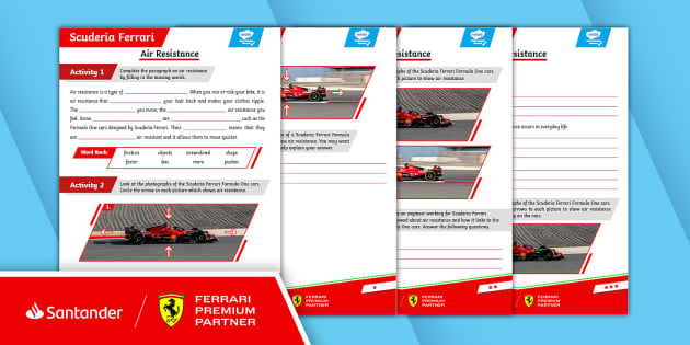 FREE Scuderia Ferrari F1: Air Resistance Worksheet Ages 9 to 11