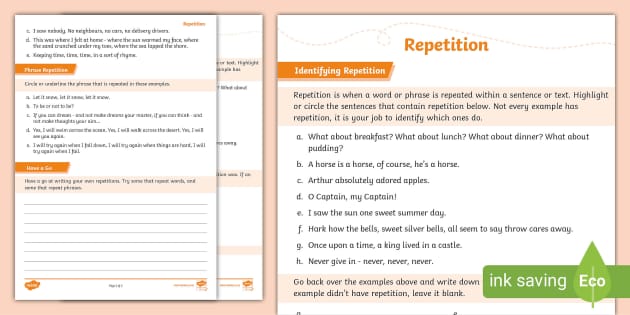 Level 3 Writing - Repetition Worksheet (teacher made)