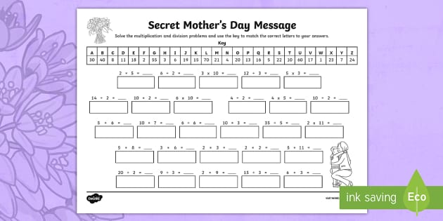 multiplication and division secret mothers day message worksheet