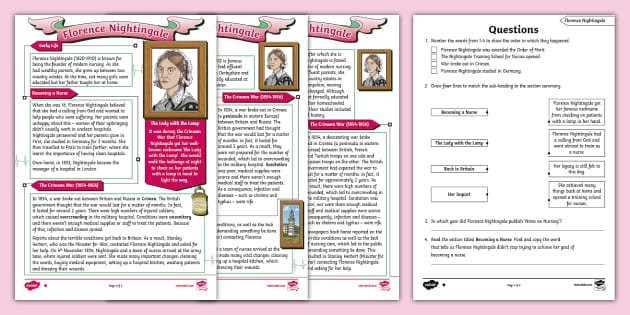 UKS2 Florence Nightingale Reading Comprehension Activity