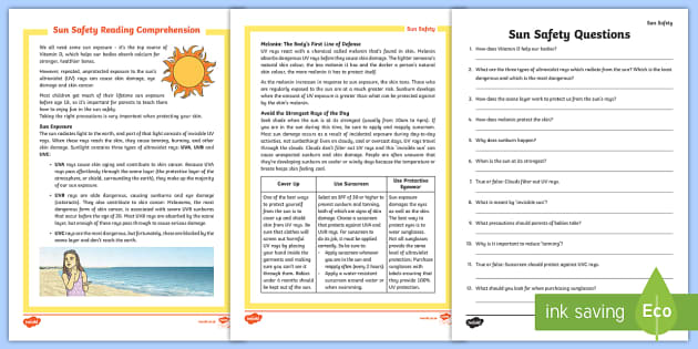 Sun Safety Reading Comprehension Activity - sun, safety, reading