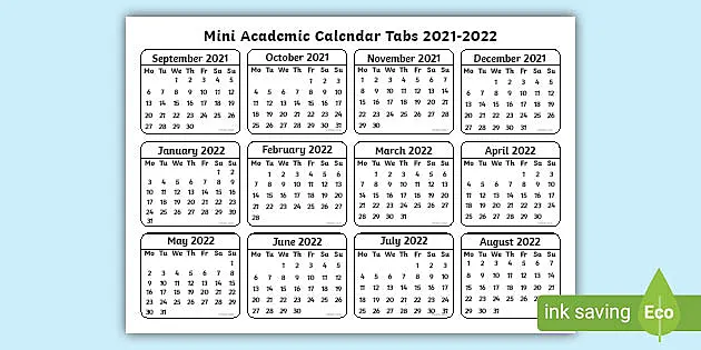 2021 Calendar 2022 Mini Academic Tabs 2021 2022 Calendar (Teacher Made)