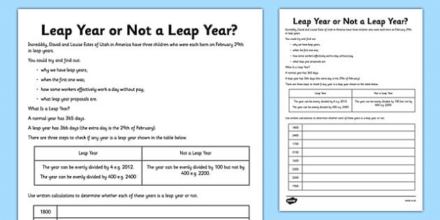 Leap Year Or Not A Leap Year Worksheet Worksheet Pack