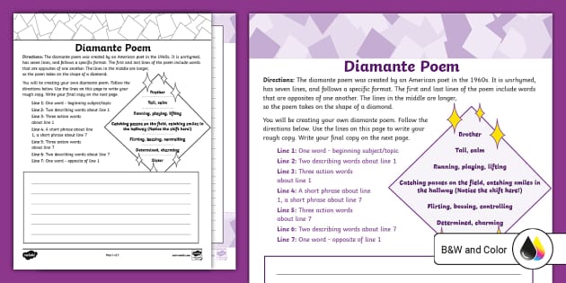 Eighth Grade Diamante Poem Activity (teacher made) - Twinkl