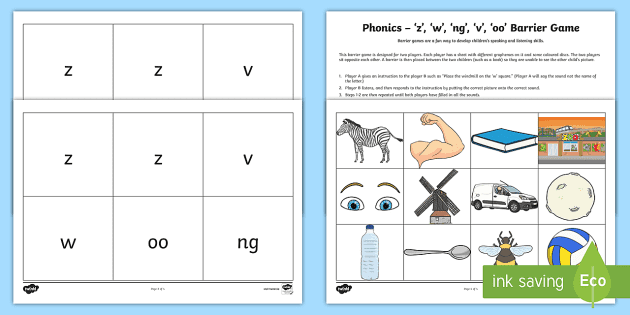 Phonics Z W Ng V Oo Barrier Game