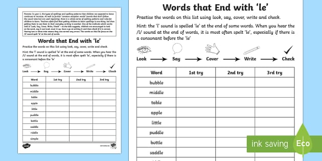 Year 2 Spelling Practice /l/ Sound Spelt 'le' Homework Worksheet ...