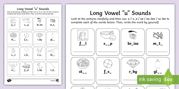 Long Vowel 'u' sound Activity Sheet (Teacher-Made) - Twinkl
